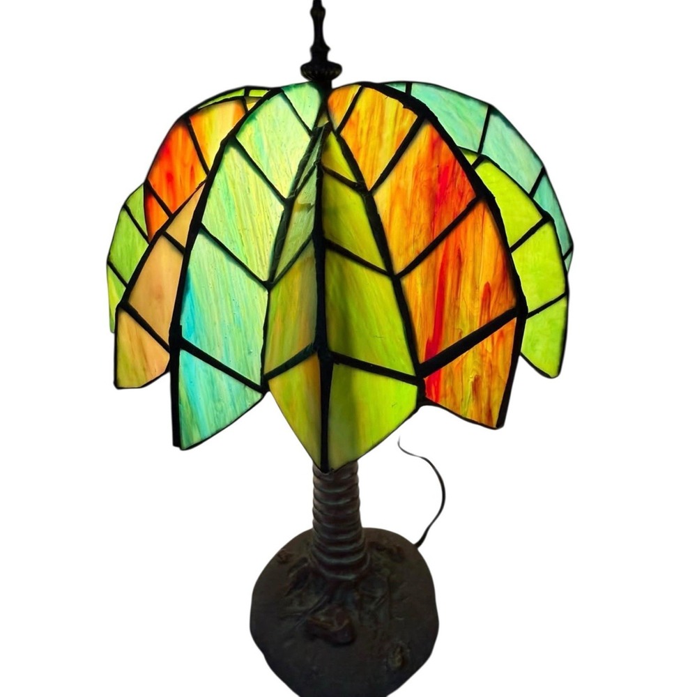 Vintage Tiffany style palm tree table lamp 16"  Stained Slag glass w/ lead Beach